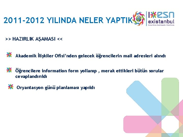 2011 -2012 YILINDA NELER YAPTIK >> HAZIRLIK AŞAMASI << Akademik İlişkiler Ofisi’nden gelecek öğrencilerin