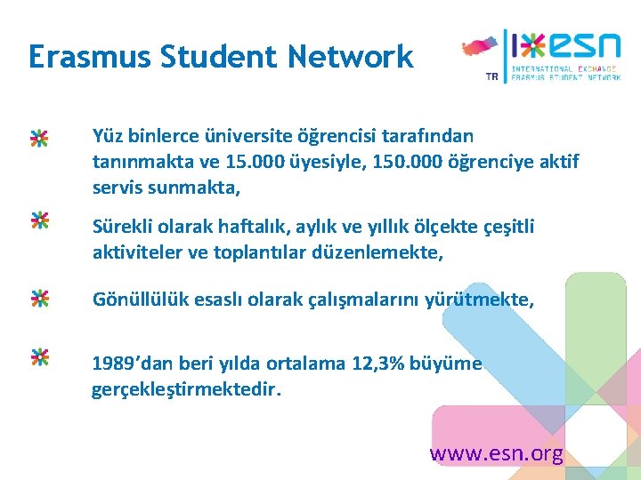 Erasmus Student Network Yüz binlerce üniversite öğrencisi tarafından tanınmakta ve 15. 000 üyesiyle, 150.