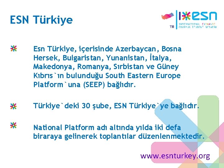 ESN Türkiye Esn Türkiye, içerisinde Azerbaycan, Bosna Hersek, Bulgaristan, Yunanistan, İtalya, Makedonya, Romanya, Sırbistan