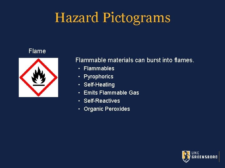 Hazard Pictograms Flame Flammable materials can burst into flames. • • • Flammables Pyrophorics