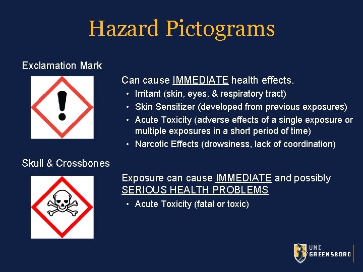 Hazard Pictograms Exclamation Mark Can cause IMMEDIATE health effects. • Irritant (skin, eyes, &