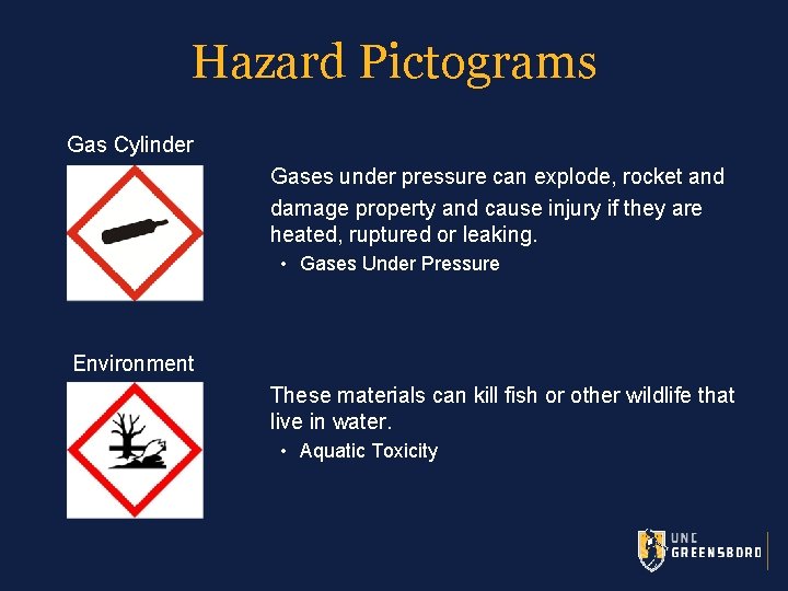 Hazard Pictograms Gas Cylinder Gases under pressure can explode, rocket and damage property and