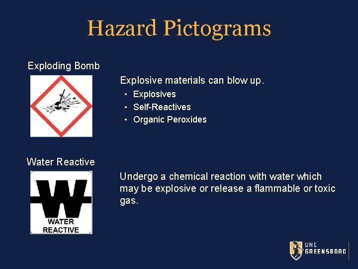 Hazard Pictograms Exploding Bomb Explosive materials can blow up. • Explosives • Self-Reactives •