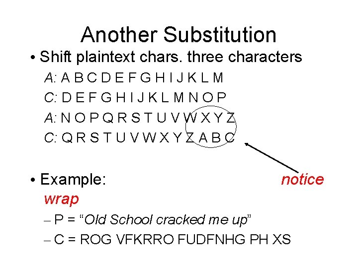 Another Substitution • Shift plaintext chars. three characters A: A B C D E Another Substitution • Shift plaintext chars. three characters A: A B C D E