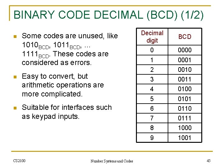 BINARY CODE DECIMAL (BCD) (1/2) n n n Some codes are unused, like 1010