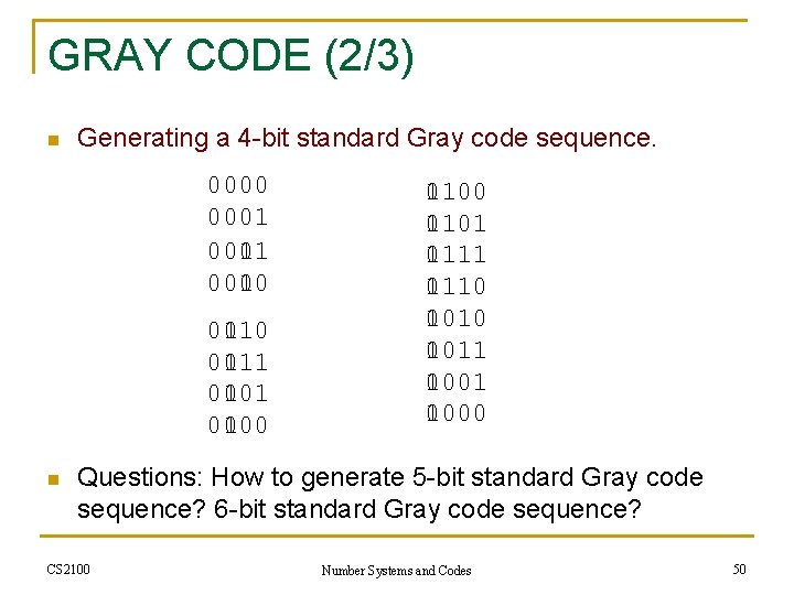 GRAY CODE (2/3) n Generating a 4 -bit standard Gray code sequence. 0000 0001