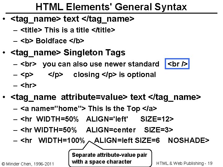 HTML Elements' General Syntax • <tag_name> text </tag_name> – <title> This is a title