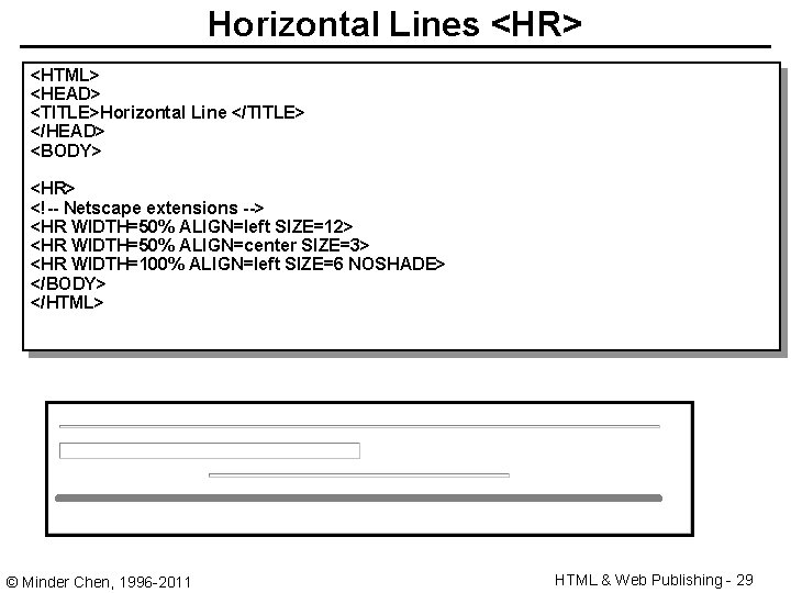 Horizontal Lines <HR> <HTML> <HEAD> <TITLE>Horizontal Line </TITLE> </HEAD> <BODY> <HR> <!-- Netscape extensions