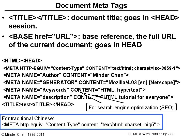 Document Meta Tags • <TITLE></TITLE>: document title; goes in <HEAD> session. • <BASE href="URL">: