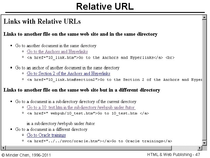 Relative URL © Minder Chen, 1996 -2011 HTML & Web Publishing - 47 