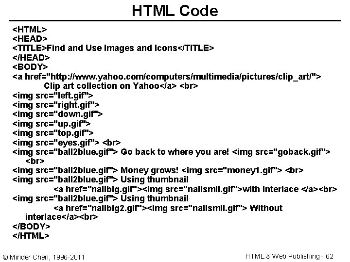HTML Code <HTML> <HEAD> <TITLE>Find and Use Images and Icons</TITLE> </HEAD> <BODY> <a href="http:
