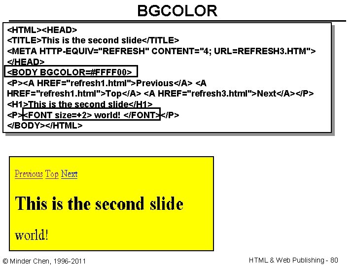 BGCOLOR <HTML><HEAD> <TITLE>This is the second slide</TITLE> <META HTTP-EQUIV="REFRESH" CONTENT="4; URL=REFRESH 3. HTM"> </HEAD>