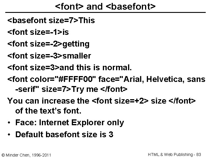 <font> and <basefont> <basefont size=7>This <font size=-1>is <font size=-2>getting <font size=-3>smaller <font size=3>and this
