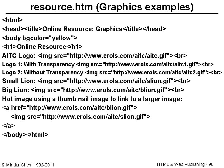 resource. htm (Graphics examples) <html> <head><title>Online Resource: Graphics</title></head> <body bgcolor="yellow"> <h 1>Online Resource</h 1>