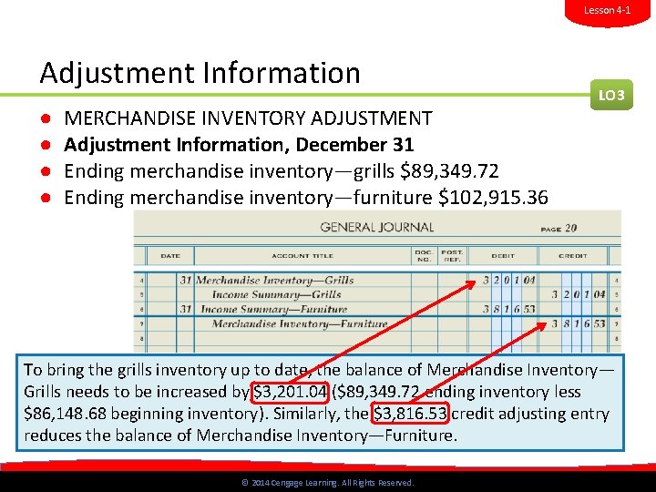 Lesson 4 -1 Adjustment Information ● ● MERCHANDISE INVENTORY ADJUSTMENT Adjustment Information, December 31