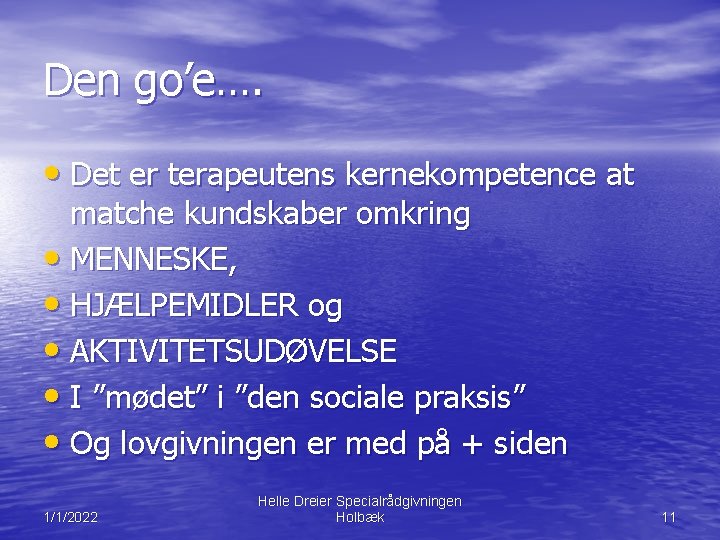 Den go’e…. • Det er terapeutens kernekompetence at matche kundskaber omkring • MENNESKE, •