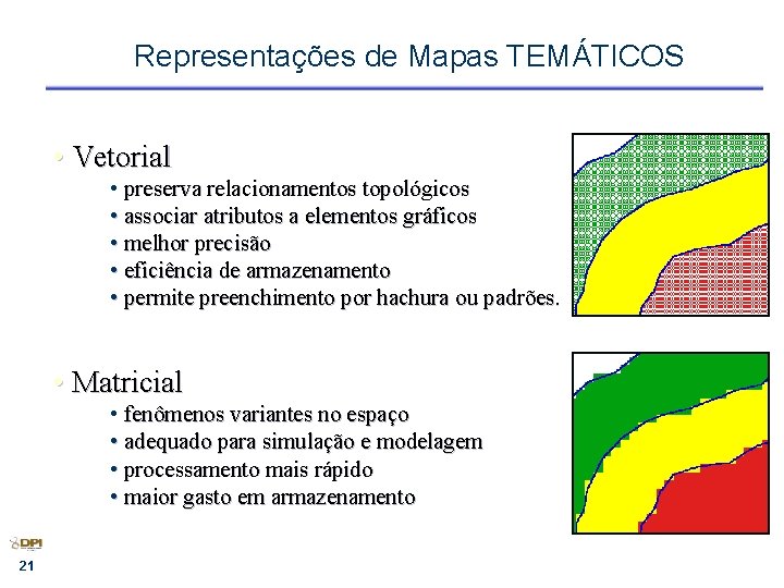 Representações de Mapas TEMÁTICOS • Vetorial • preserva relacionamentos topológicos • associar atributos a