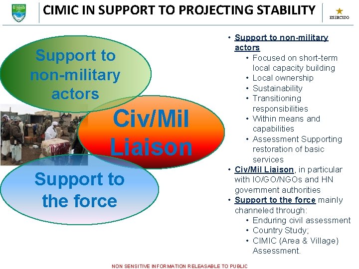 CIMIC IN SUPPORT TO PROJECTING STABILITY Support to non-military actors Civ/Mil Liaison Support to