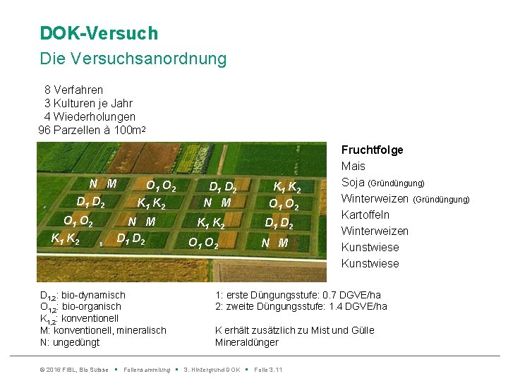 DOK-Versuch Die Versuchsanordnung 8 Verfahren 3 Kulturen je Jahr 4 Wiederholungen 96 Parzellen à