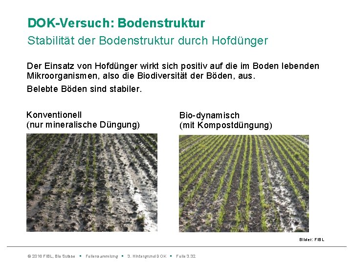 DOK-Versuch: Bodenstruktur Stabilität der Bodenstruktur durch Hofdünger Der Einsatz von Hofdünger wirkt sich positiv