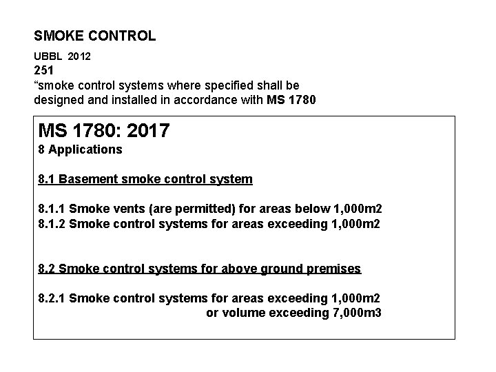 SMOKE CONTROL UBBL 2012 251 “smoke control systems where specified shall be designed and