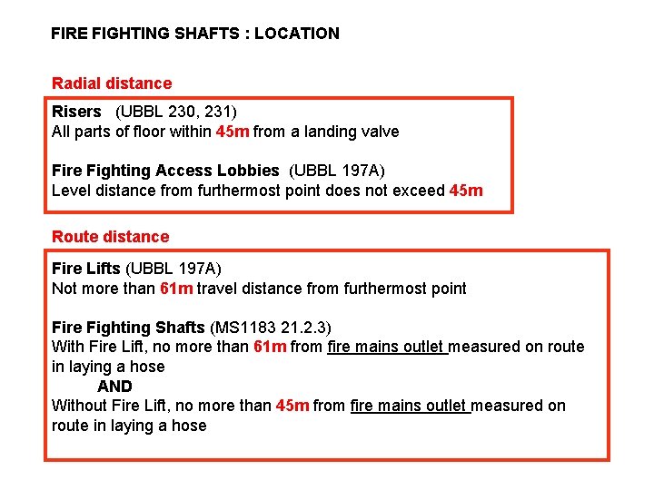 FIRE FIGHTING SHAFTS : LOCATION Radial distance Risers (UBBL 230, 231) All parts of