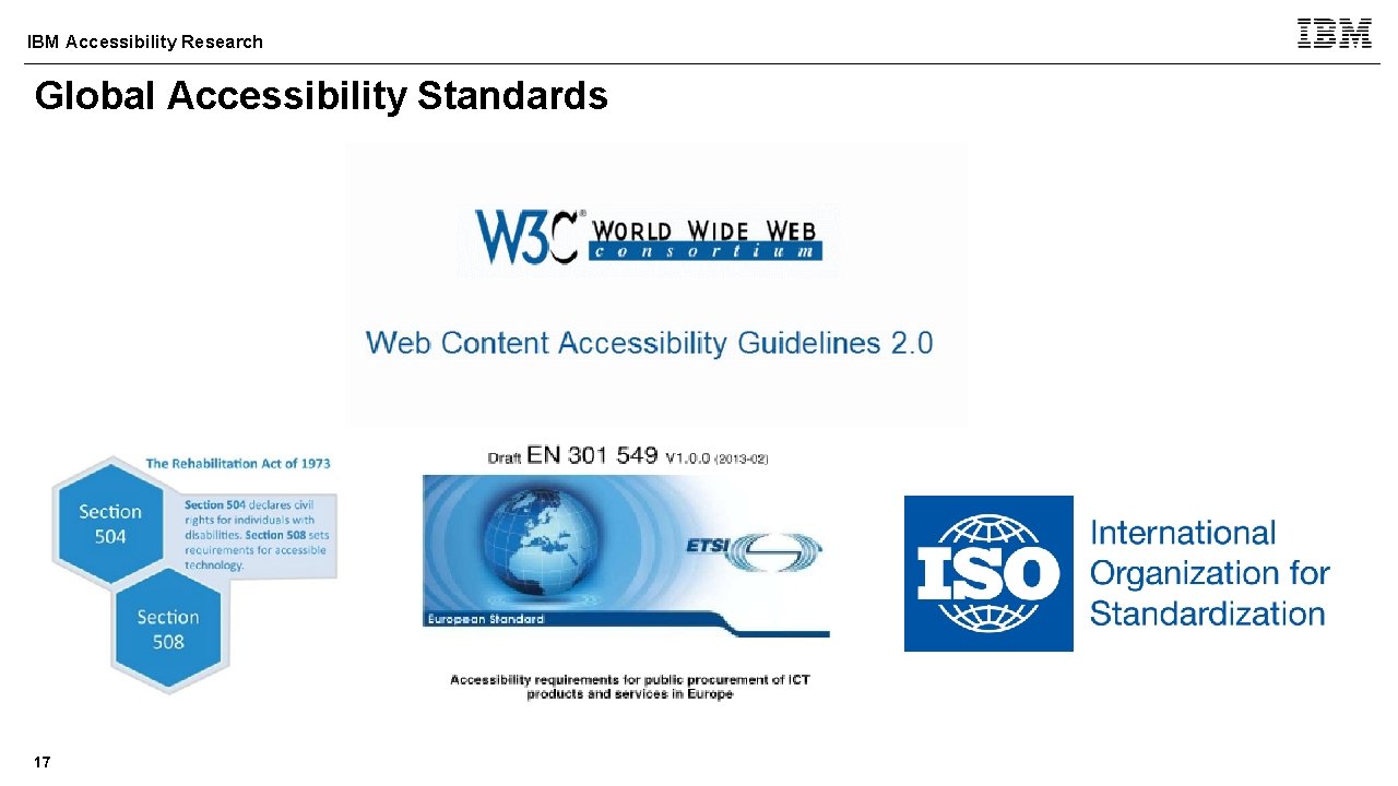 IBM Accessibility Research Global Accessibility Standards 17 