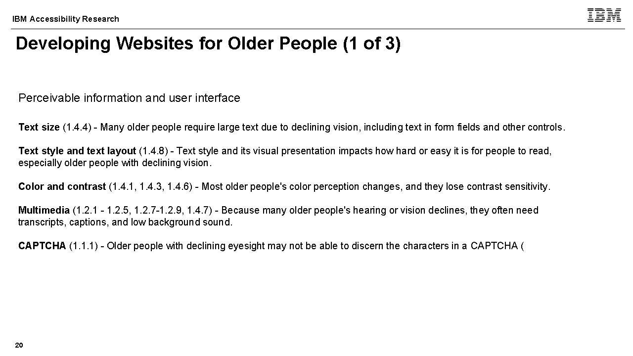 IBM Accessibility Research Developing Websites for Older People (1 of 3) Perceivable information and
