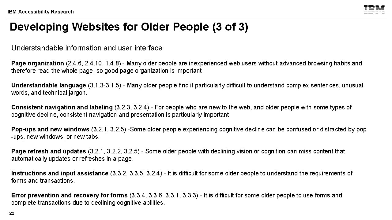 IBM Accessibility Research Developing Websites for Older People (3 of 3) Understandable information and