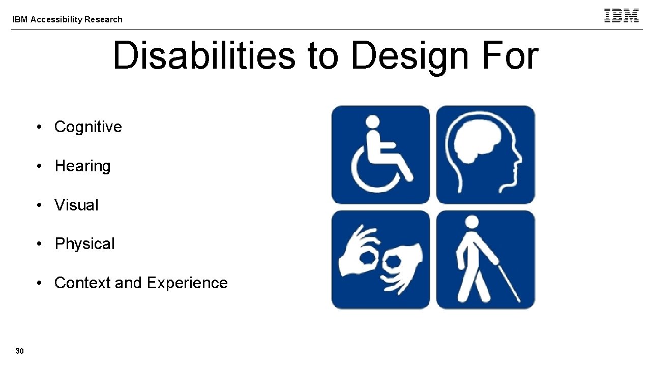 IBM Accessibility Research Disabilities to Design For • Cognitive • Hearing • Visual •