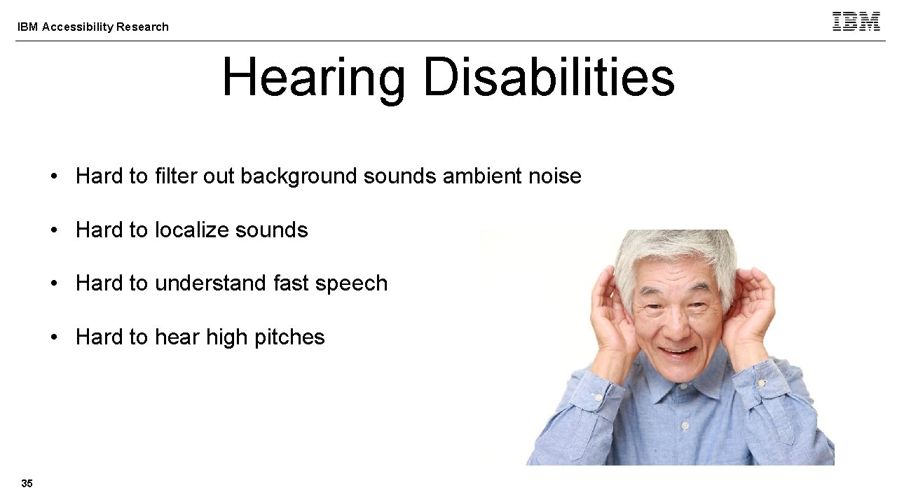 IBM Accessibility Research Hearing Disabilities • Hard to filter out background sounds ambient noise