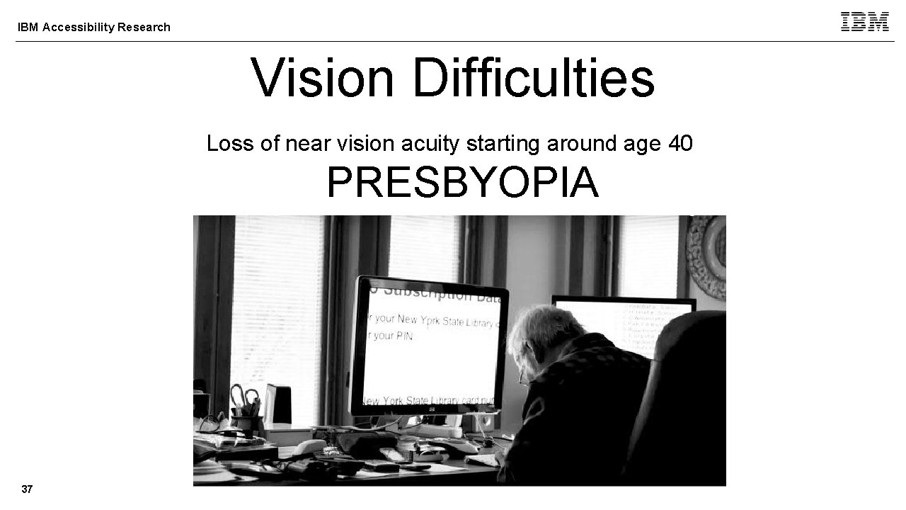 IBM Accessibility Research Vision Difficulties Loss of near vision acuity starting around age 40