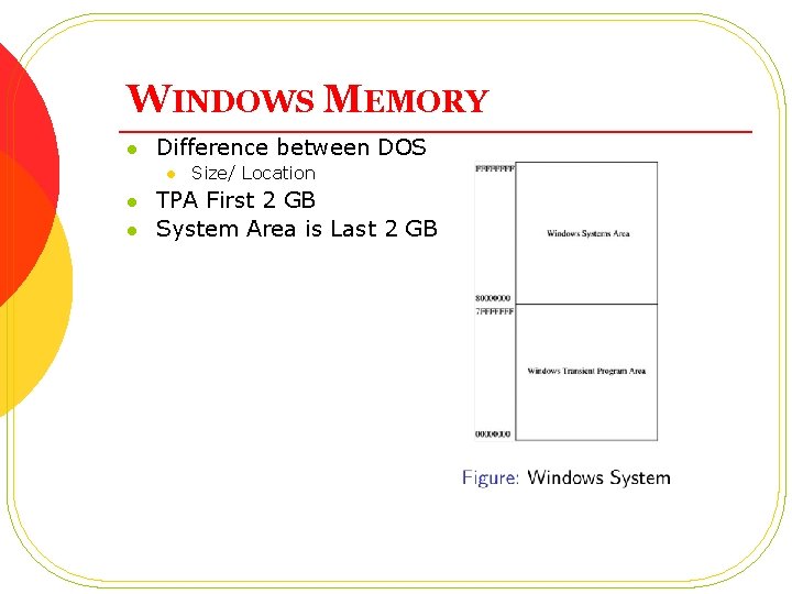 WINDOWS MEMORY l Difference between DOS l l l Size/ Location TPA First 2