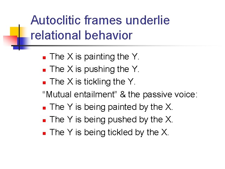 Autoclitic frames underlie relational behavior The X is painting the Y. n The X