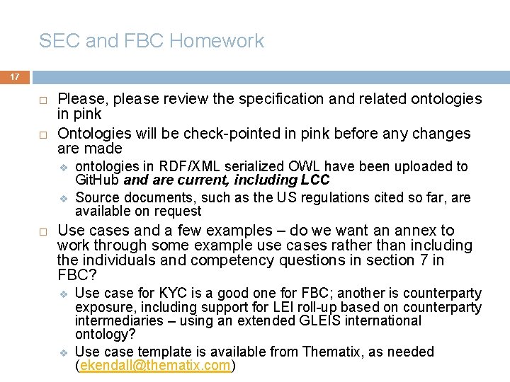 SEC and FBC Homework 17 Please, please review the specification and related ontologies in