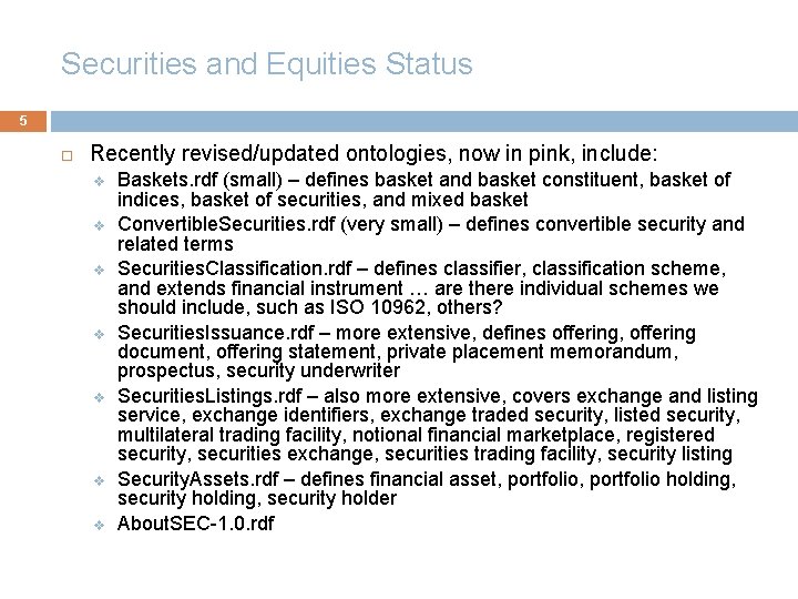 Securities and Equities Status 5 Recently revised/updated ontologies, now in pink, include: v v