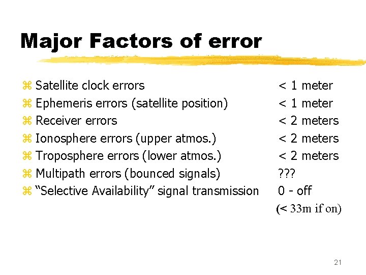Major Factors of error z Satellite clock errors z Ephemeris errors (satellite position) z