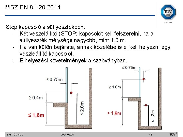 MSZ EN 81 -20: 2014 Stop kapcsoló a süllyesztékben: - Két vészelállító (STOP) kapcsolót