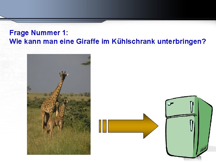 Frage Nummer 1: Wie kann man eine Giraffe im Kühlschrank unterbringen? 