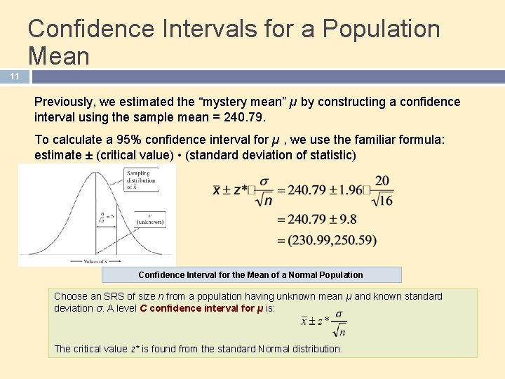 Confidence Intervals for a Population Mean 11 Previously, we estimated the “mystery mean” µ Confidence Intervals for a Population Mean 11 Previously, we estimated the “mystery mean” µ