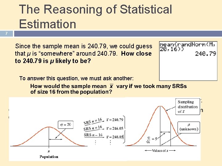 The Reasoning of Statistical Estimation 7 Since the sample mean is 240. 79, we The Reasoning of Statistical Estimation 7 Since the sample mean is 240. 79, we