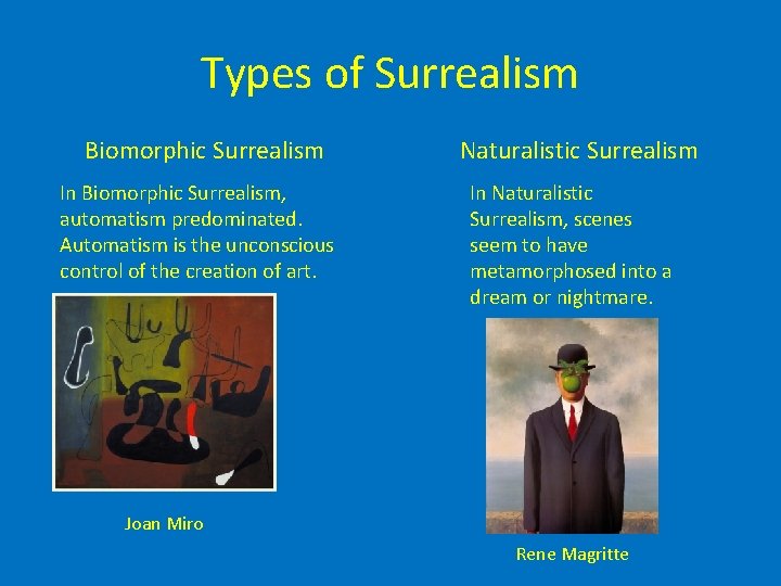 Types of Surrealism Biomorphic Surrealism In Biomorphic Surrealism, automatism predominated. Automatism is the unconscious