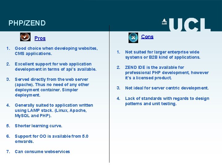 PHP/ZEND Cons Pros 1. Good choice when developing websites, CMS applications. 1. Not suited