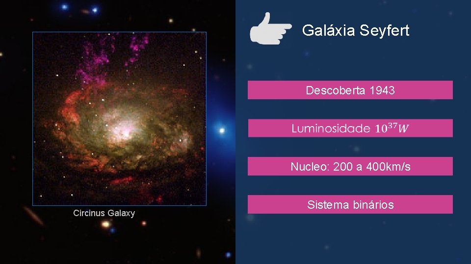 Galáxia Seyfert Descoberta 1943 Nucleo: 200 a 400 km/s Circinus Galaxy Sistema binários Free