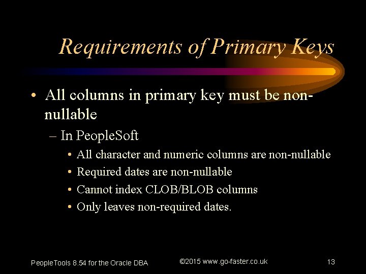 Requirements of Primary Keys • All columns in primary key must be nonnullable –