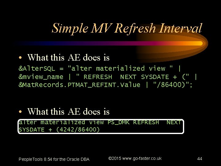 Simple MV Refresh Interval • What this AE does is &Alter. SQL = "alter