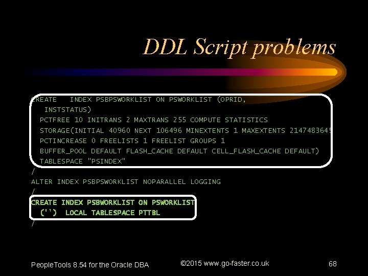 DDL Script problems CREATE INDEX PSBPSWORKLIST ON PSWORKLIST (OPRID, INSTSTATUS) PCTFREE 10 INITRANS 2