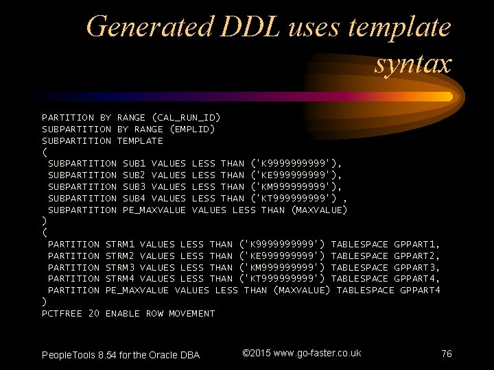 Generated DDL uses template syntax PARTITION BY RANGE (CAL_RUN_ID) SUBPARTITION BY RANGE (EMPLID) SUBPARTITION