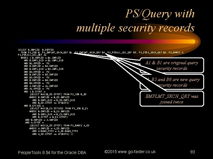 PS/Query with multiple security records SELECT B. EMPLID, B. DEPTID FROM PS_JOB B, PS_EMPLMT_SRCH_QRY