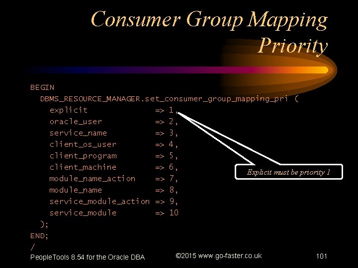 Consumer Group Mapping Priority BEGIN DBMS_RESOURCE_MANAGER. set_consumer_group_mapping_pri ( explicit => 1, oracle_user => 2,